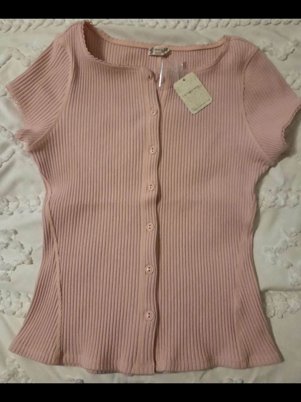Free People Pink Ribbed Short-Sleeve Button-Front Top